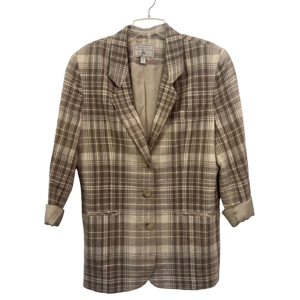 Vintage 90s Express Compagnie Internationale Plaid Blazer Tan Cream Longline M